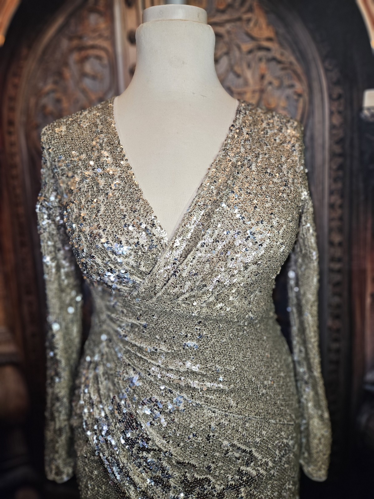 TFNC SARALEE MIDI Gold Silver Sequin Faux Wrap Dress Red Carpet UK 12 USA 8