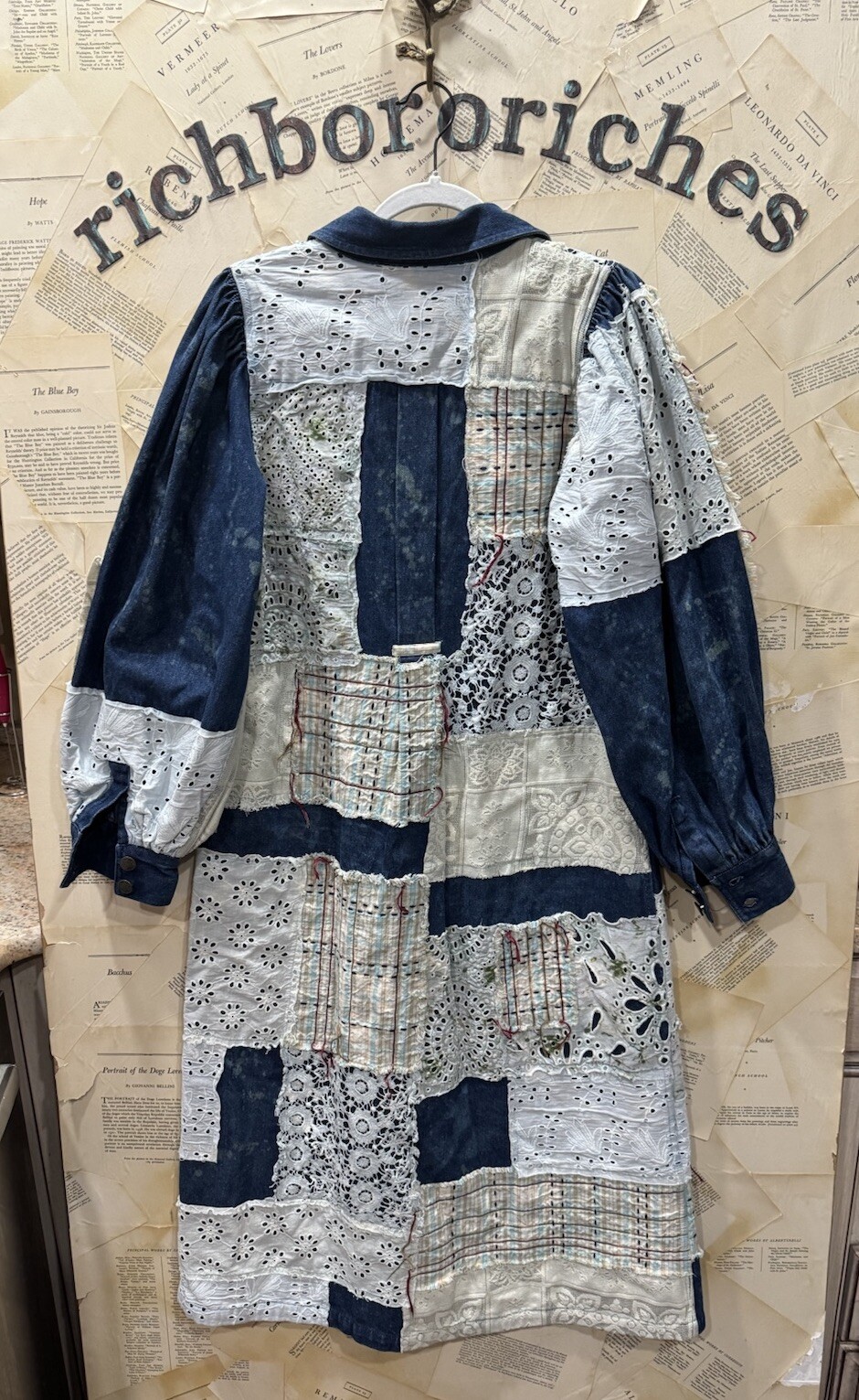 Anthropologie Let Me Be Denim Patchwork Shirt Dress Coat Lace Blue Motif S NEW