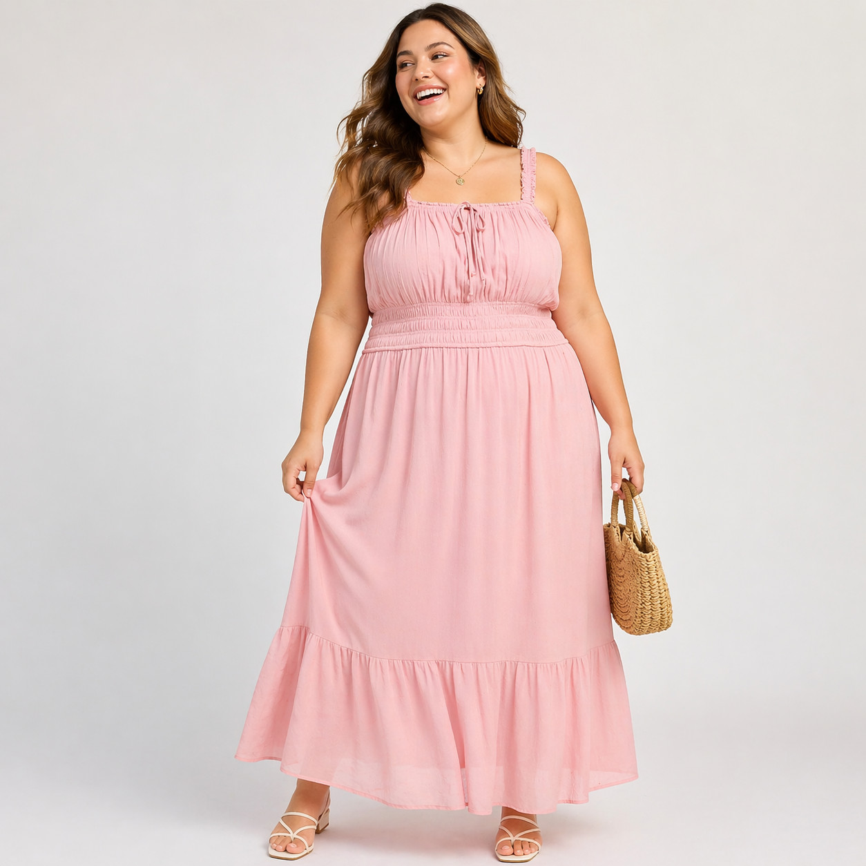 Celebrity Pink Smocked Waist Tiered Midi Dress Cottagecore Romantic Size XXXL