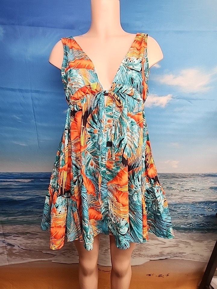 Nwt CUPSHE Floral Print Cover Up V-Neck Blue Orange Size Medium