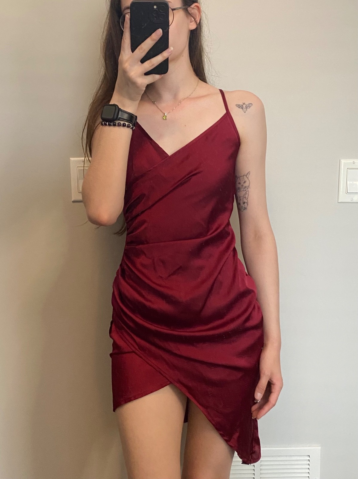 PrettyLittleThing Burgundy Satin Asymmetric Mini Dress NWT Women’s US 2