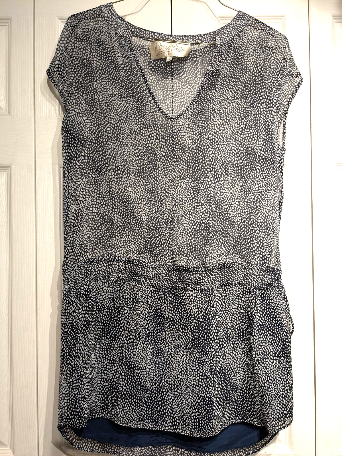 Rory Beca Dress Womens Small Blue White Drawstring Waist Lined Sheer Cap Sleeve