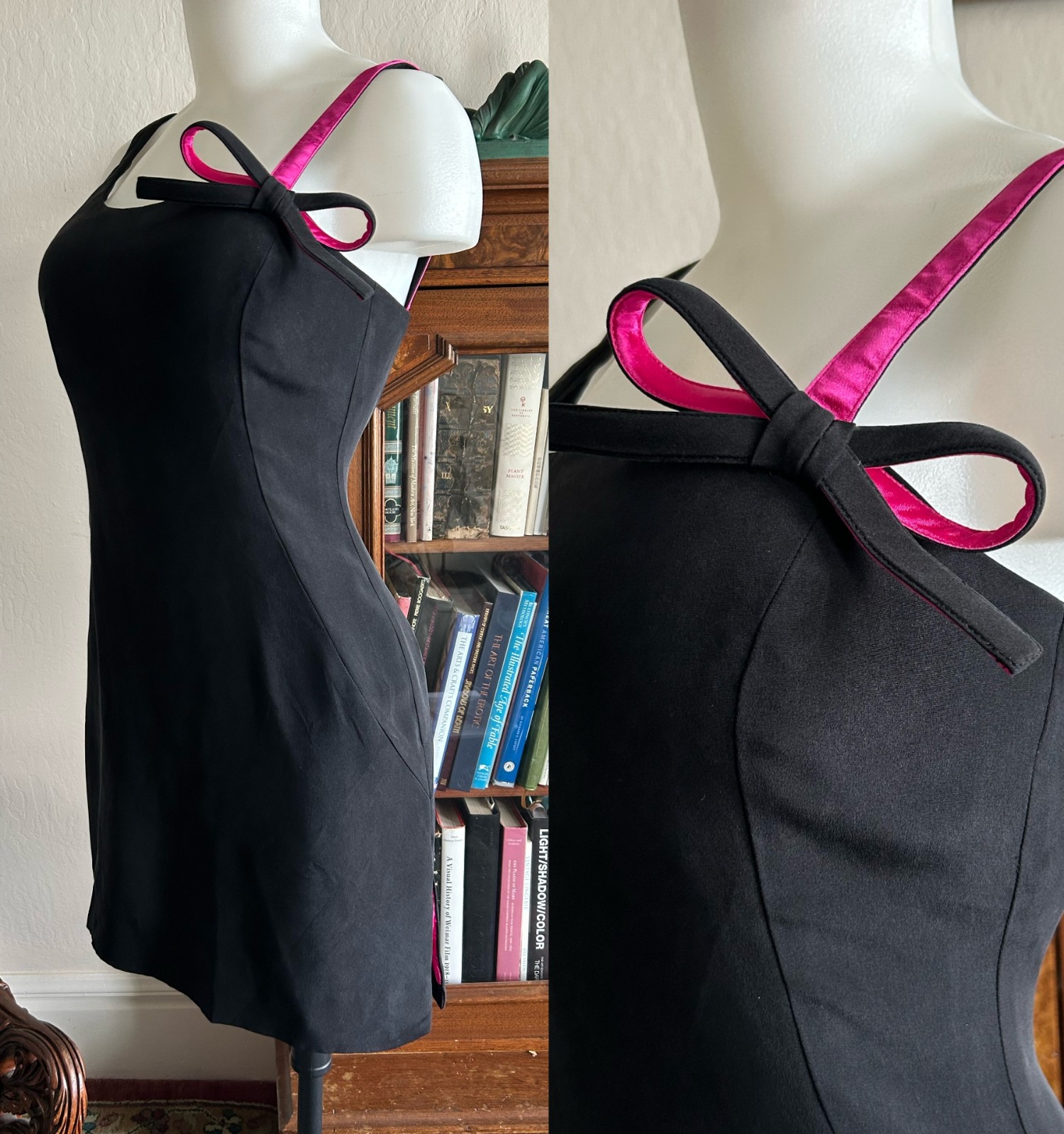 Vintage Y2K Black & Pink Silk Mini Dress Asymmetrical Bow – Scene Alt Party SM
