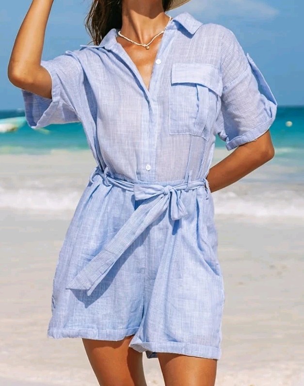 Cupshe Womens Blue Pinstripe Button-Up Collared Romper, Extra Large