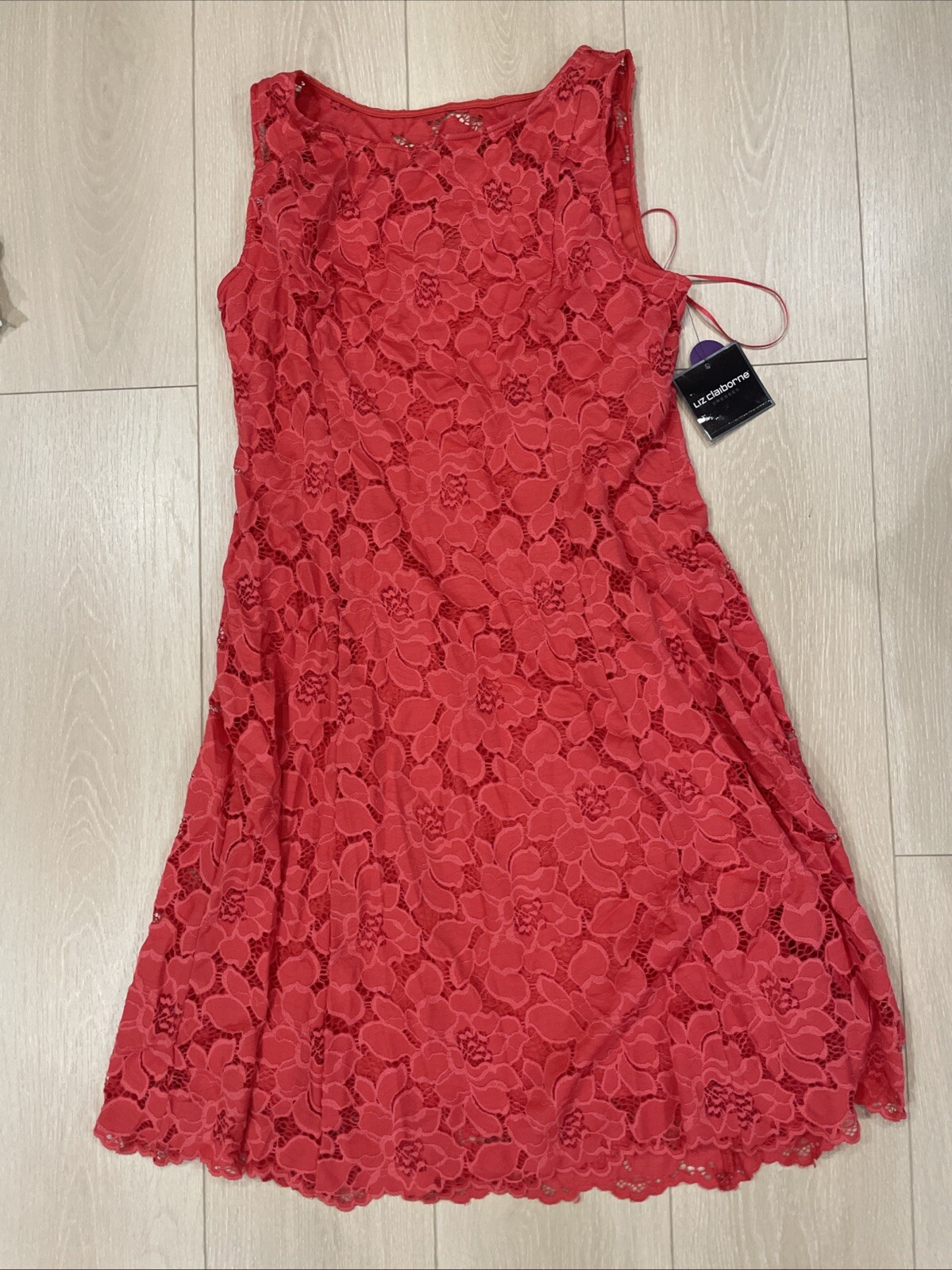 Liz Claiborne Coral Floral Crochet Lace Sheath Shift Dress Lined Sz 8