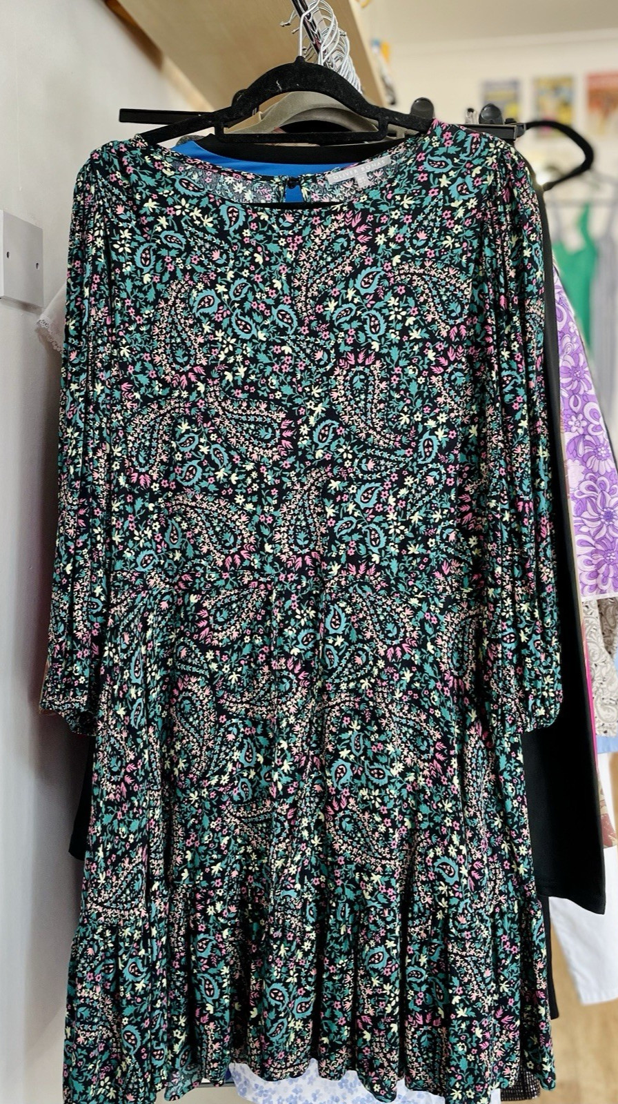 Oliver Bonas Women’s Green Floral Paisley Dress UK 8 EU 36 Swing Knee-Length Tea