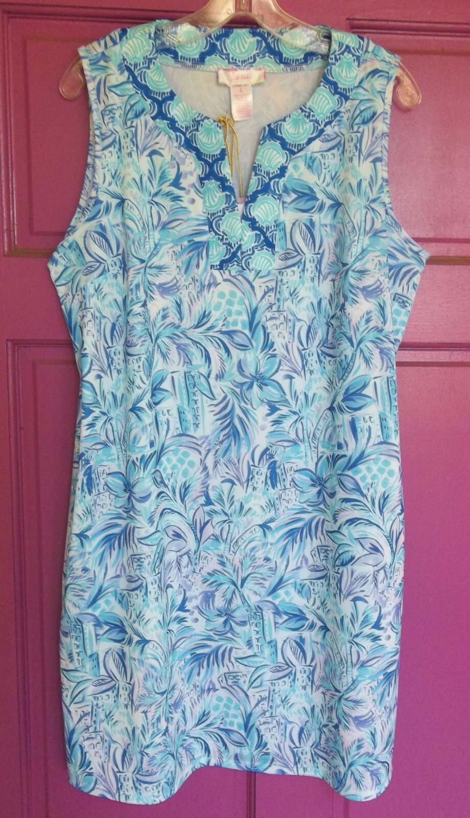 NWT Stella Parker Dress L Palms Blue Tropical Floral Sleeveless Pullover Pockets