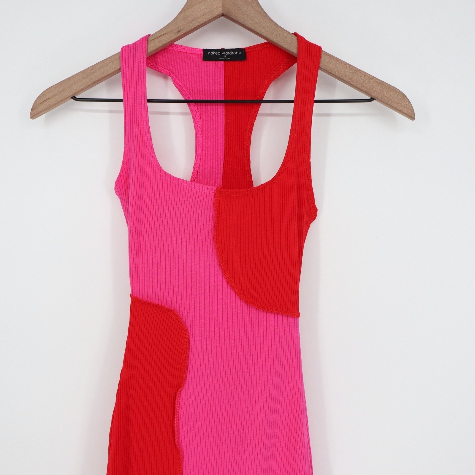 Naked Wardrobe Pink Red Colorblock Ribbed Midi Bodycon Dress Womens L