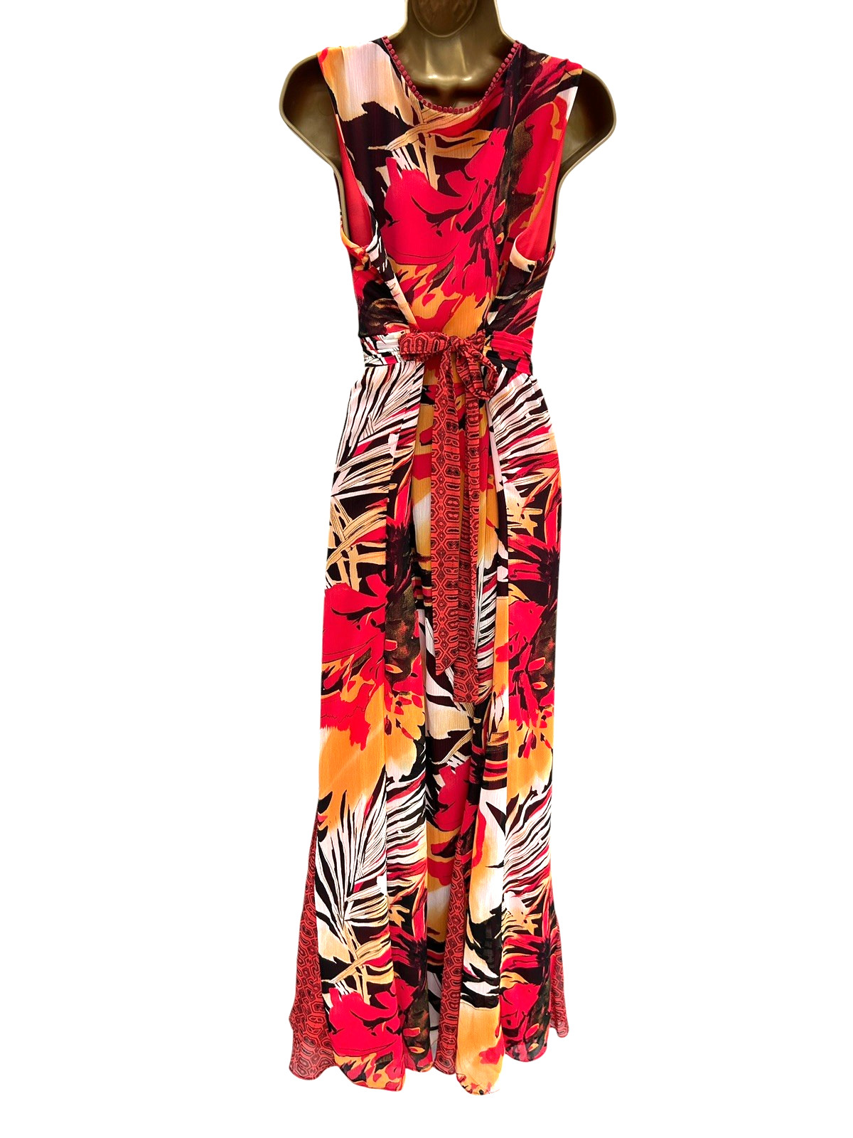 Per Una Maxi Dress Size 18 Long Orange Red Sleeveless Belted Full Length M&S