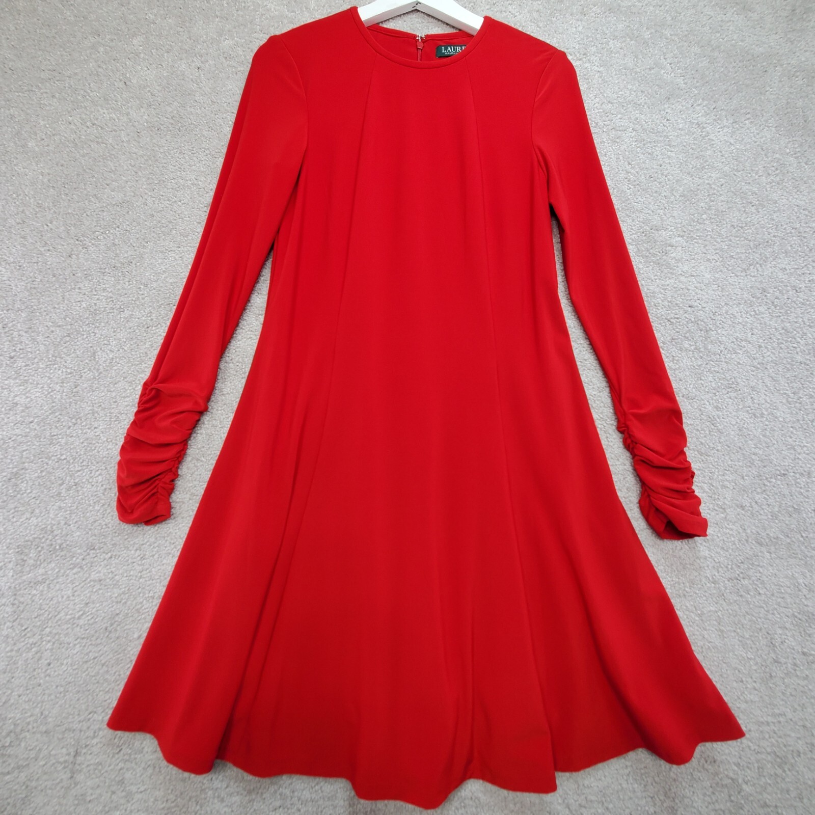 Lauren Ralph Lauren A-Line Dress Women 4 Red Stretch Ruched Sleeve Swing Holiday