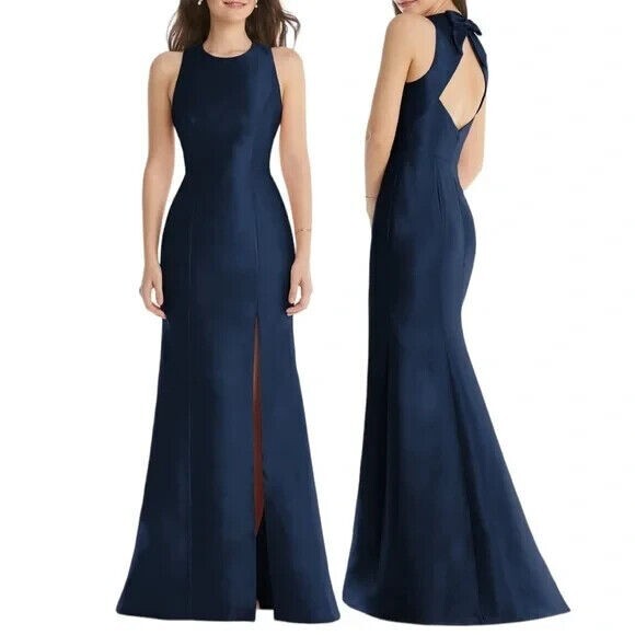 ALFRED SUNG D824 Midnight Navy Cut-Out Open Back Bow Satin Twill Dress Gown 6 R