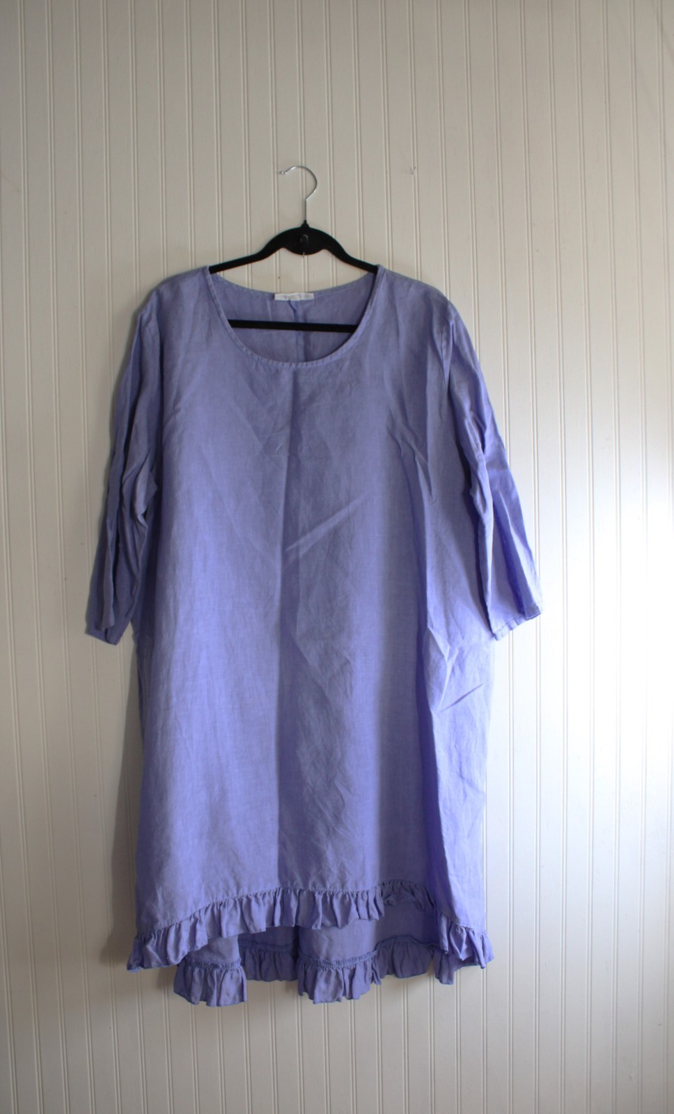 Brynn Walker Linen Periwinkle Blue Ruffle Hi Low Hem Summer Dress, Lagenlook.