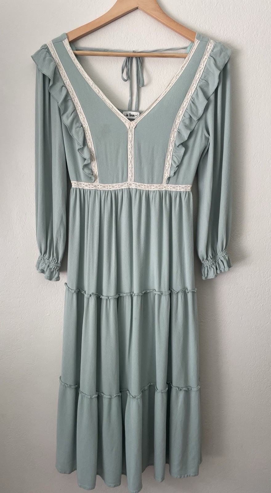 In Loom Sage Lace Trim Cottagecore Prairie Midi Dress L Romantic Boho Ruffle