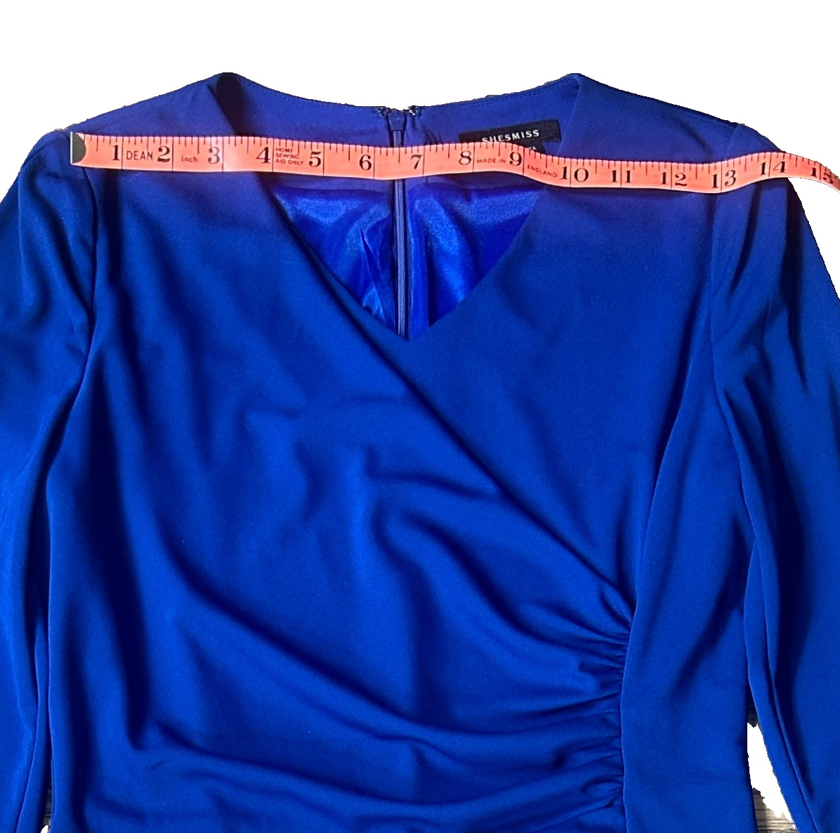 Shesmiss Blue Long Sleeve Polyester V-Neck Ruched Dress Made In Korea, Sz 4 -EUC