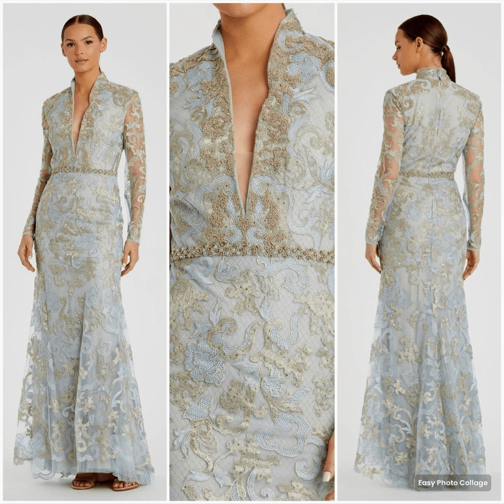 NWT MAC DUGGAL 11165 Blue Queen Anne Lace Long Sleeve V-Neck Trumpet Gown Size 8