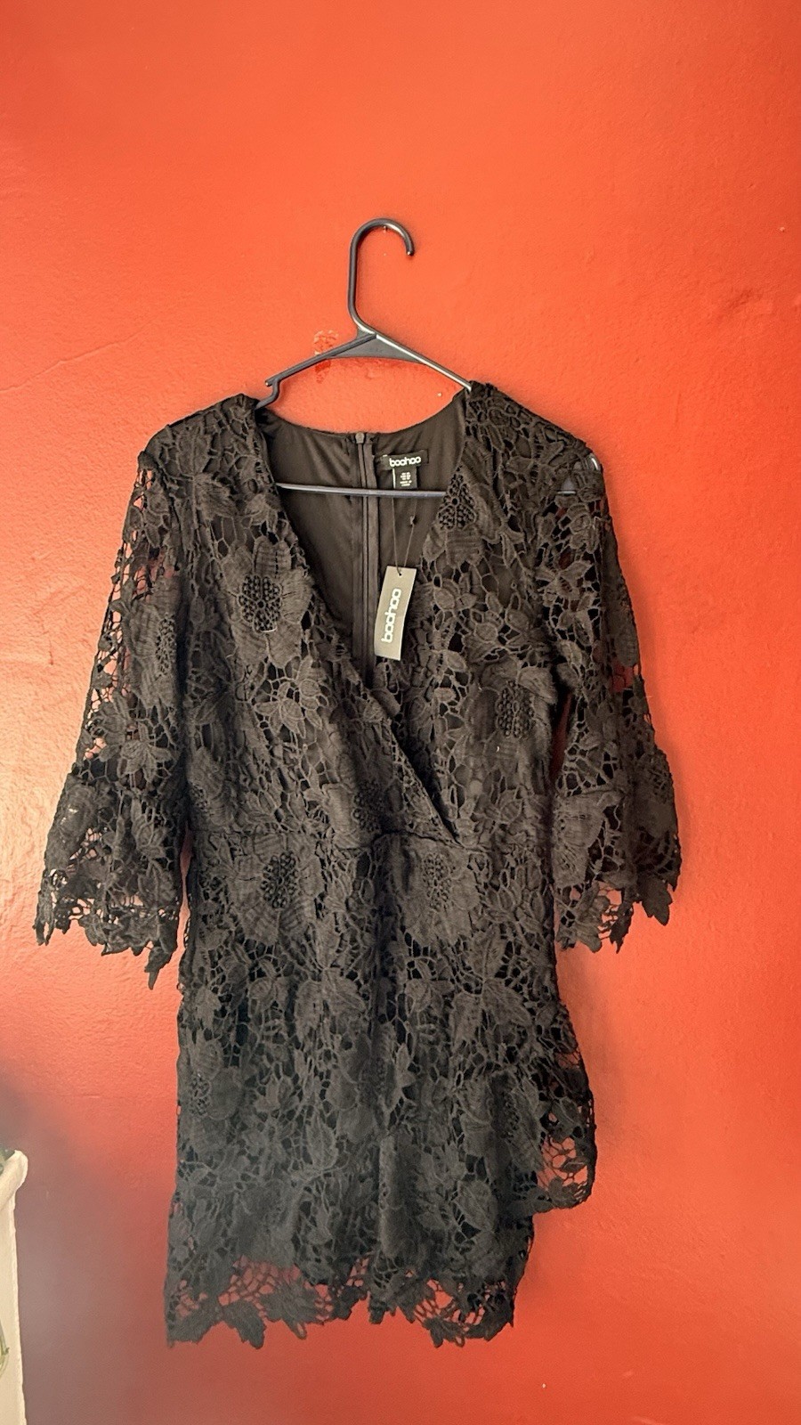 Boohoo Black Crochet Lace Wrap Dress – Size UK 14 / US 10