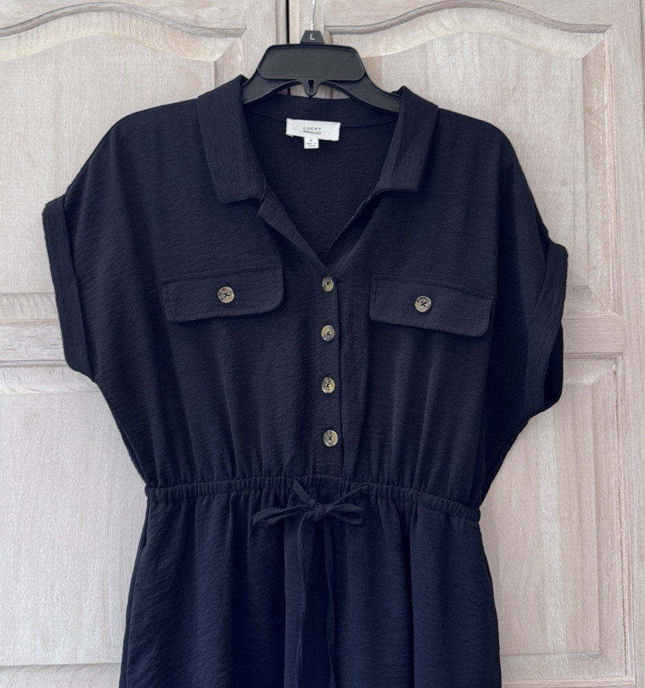 NWOT Lucky Brand Black Rolled Cuff Cap Sleeves Elastic Tie Waist Dress Size Med