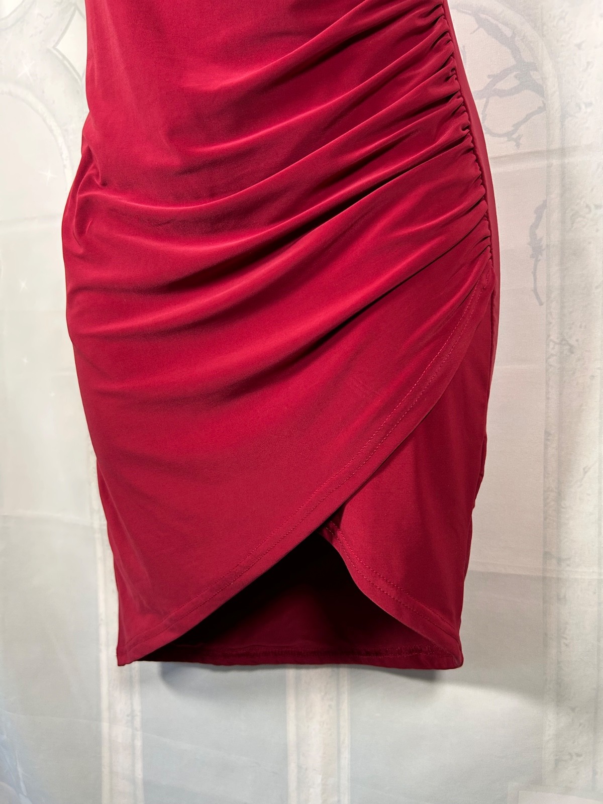 PrettyLittleThing wine red gathered ruched sleeveless stretch bodycon dress, 10
