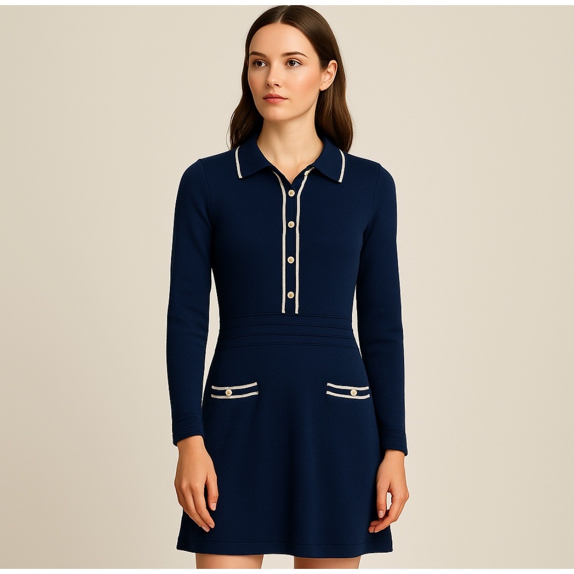 Navy Blue Knit Dress 2 Long Sleeve Pockets White Trim Mod Style Preppy Heritage