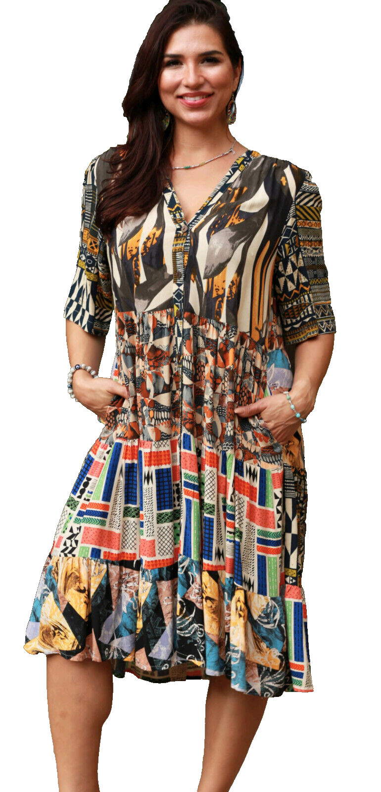 Nwt SACRED THREADS abstract bohemian funky hippie rayon tier DRESS XL Free shipp