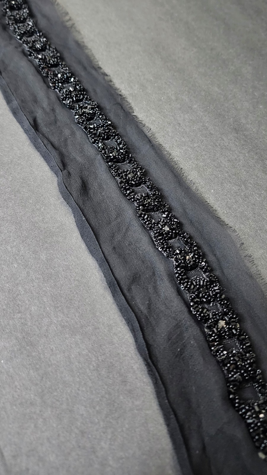 Handmade Custom Designer Black Beaded Lace Trim on Sheer Silk – 33″ Couture