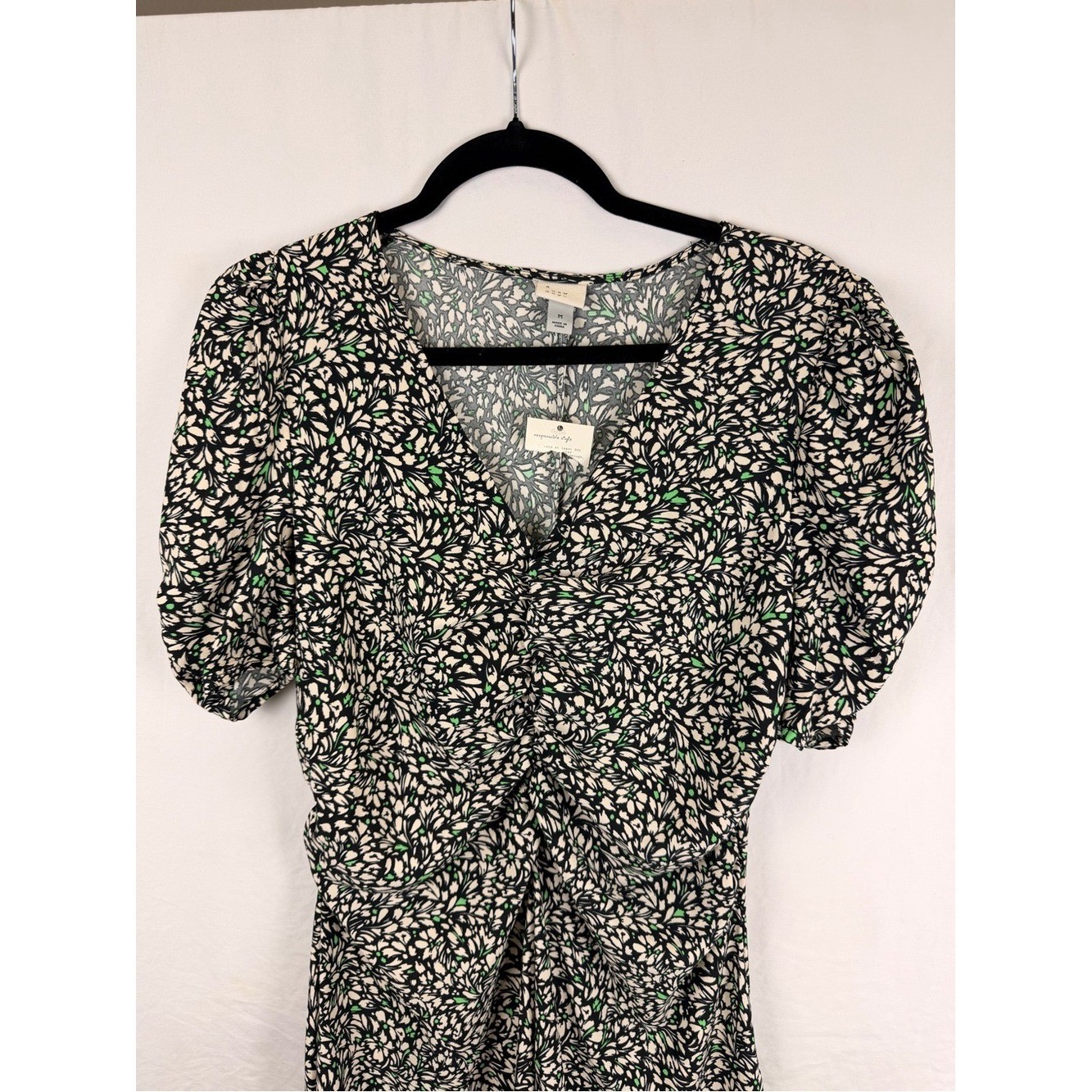 a new day Black Floral High-Low Midi Dress with Puff Sleeves Sz M