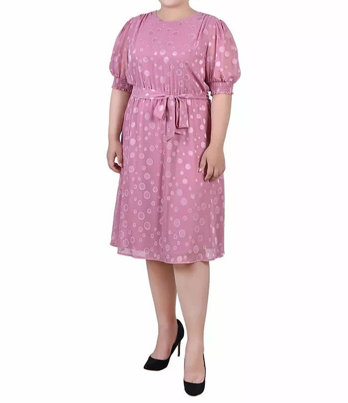 NY Collection Women’s Elbow Sleeve Swiss Dot Pink Dress Plus Size 2X