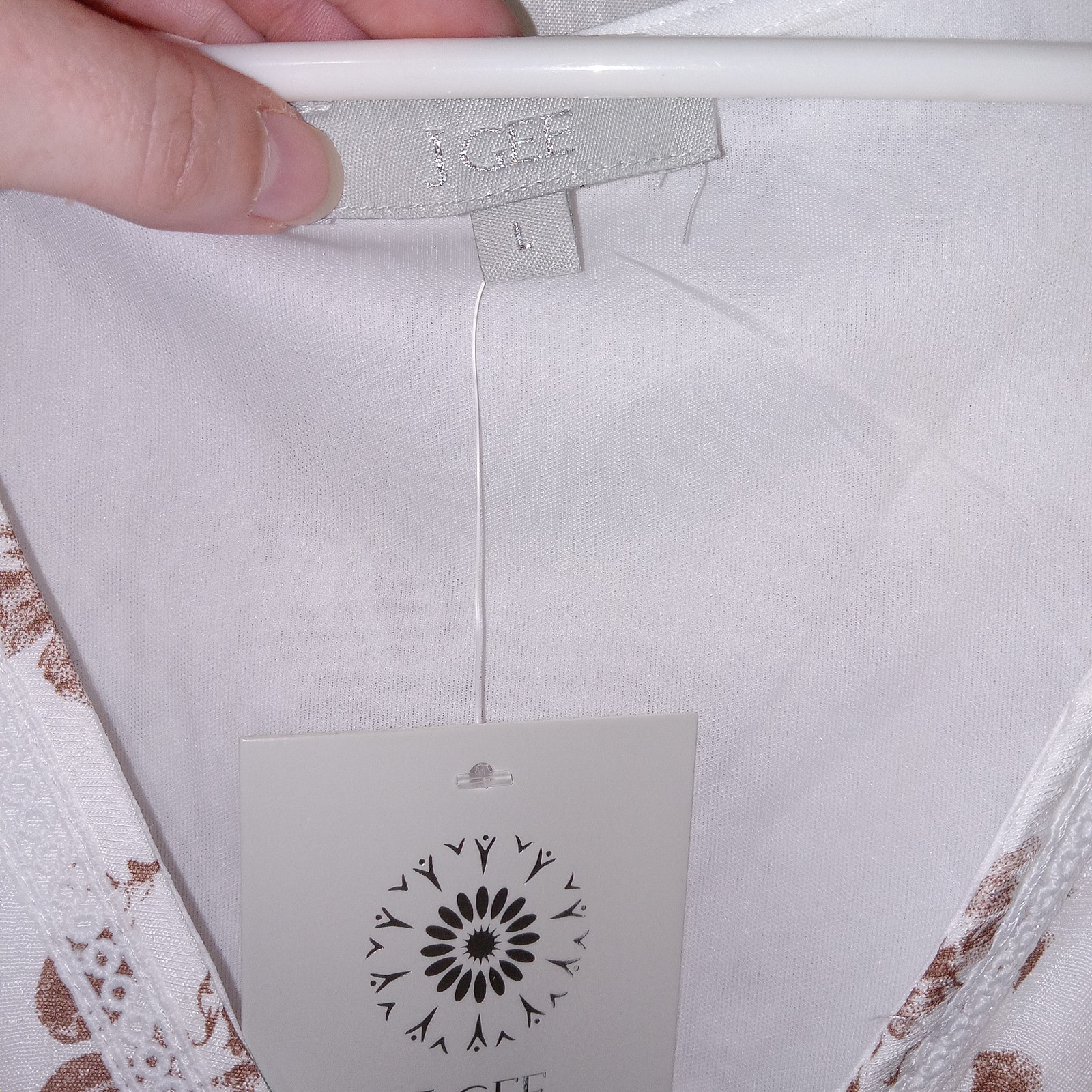 NWT J Gee Maxi Dress Size L White Brown Floral Cottagecore Smocked Boho Flutter