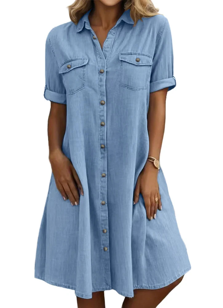 Chouyatou Women’s Short Sleeve Denim Shirt Dress Button Down Midi Size M