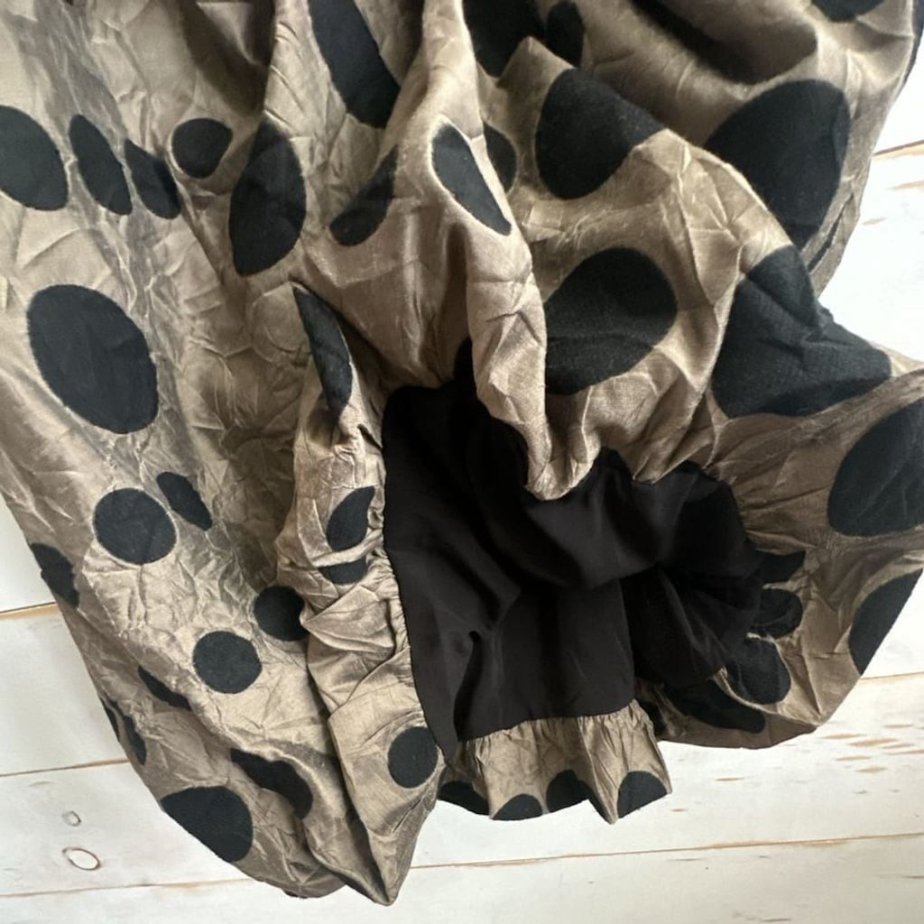 Samuel Dong sleeveless bubble hem midi dress in tan and black polka dot