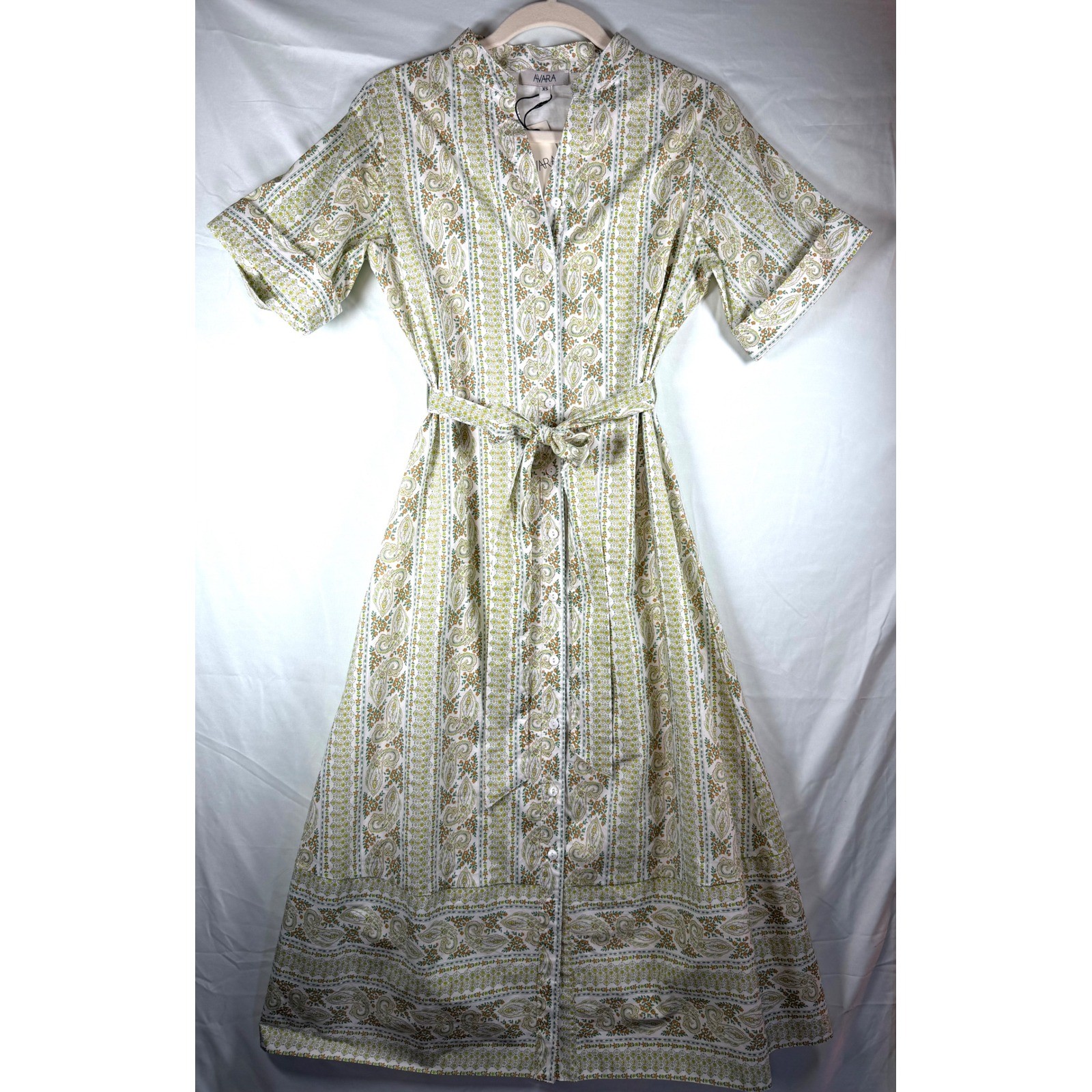 Avara Tina Dress XS Green Orange Paisley Stripe Midi Shrt Dress NWT boho cottage