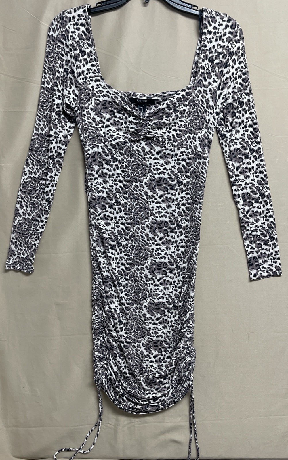 Forever 21 Cheetah Bodycon Mini Dress Ruched Drawstring Sides Long Sleeve Small