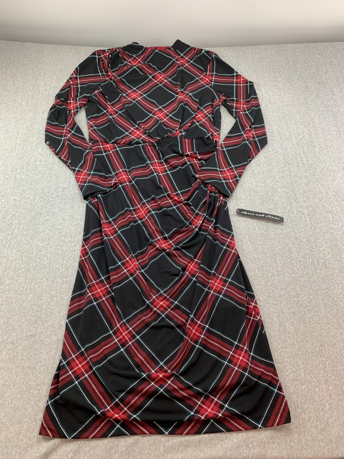 Clover and Sloane High Neck Side Pleated A-line Sheath Dress Women 8 Black Plaid