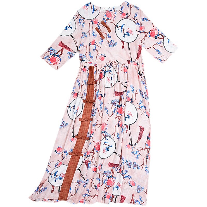 Women Ethnic Maxi Dress Floral Print Cotton Linen Retro Chinese Frog Qipao