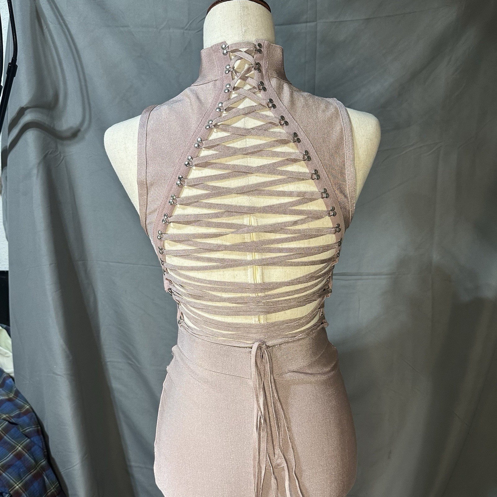 Wow Couture Bodycon Dress S Mauve Bandage Open Back Lace Up Mock Neck Midi