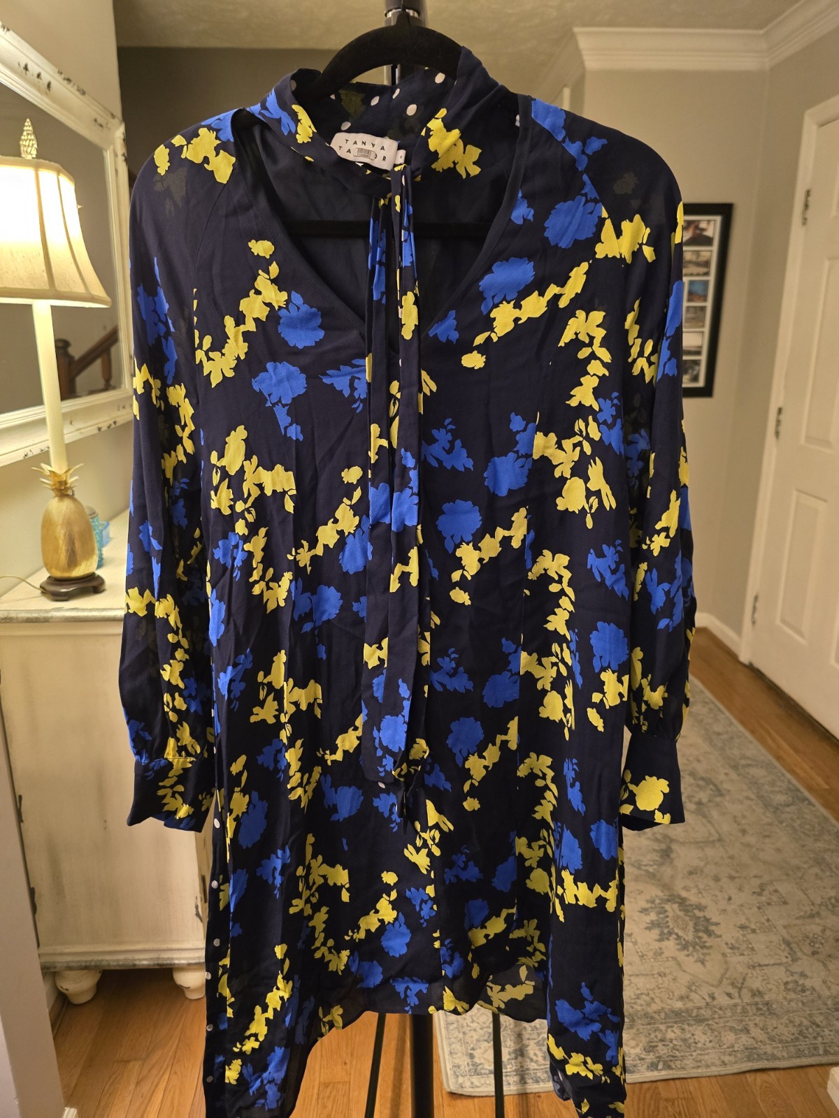 Tanya Taylor Womens Roma Floral Print V Neck Shift 100% Silk Dress Blue Size 4