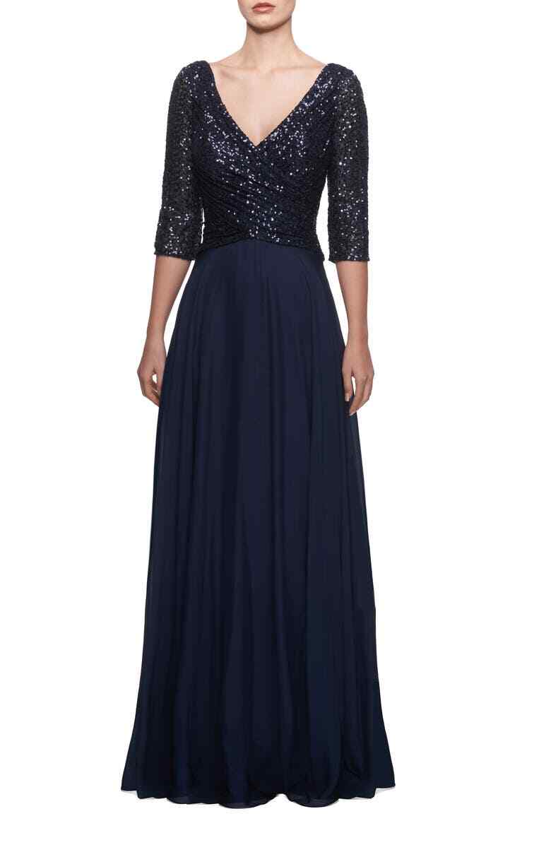 La Femme Navy Blue Chiffon & Sequin A-Line Gown Size 8 $388