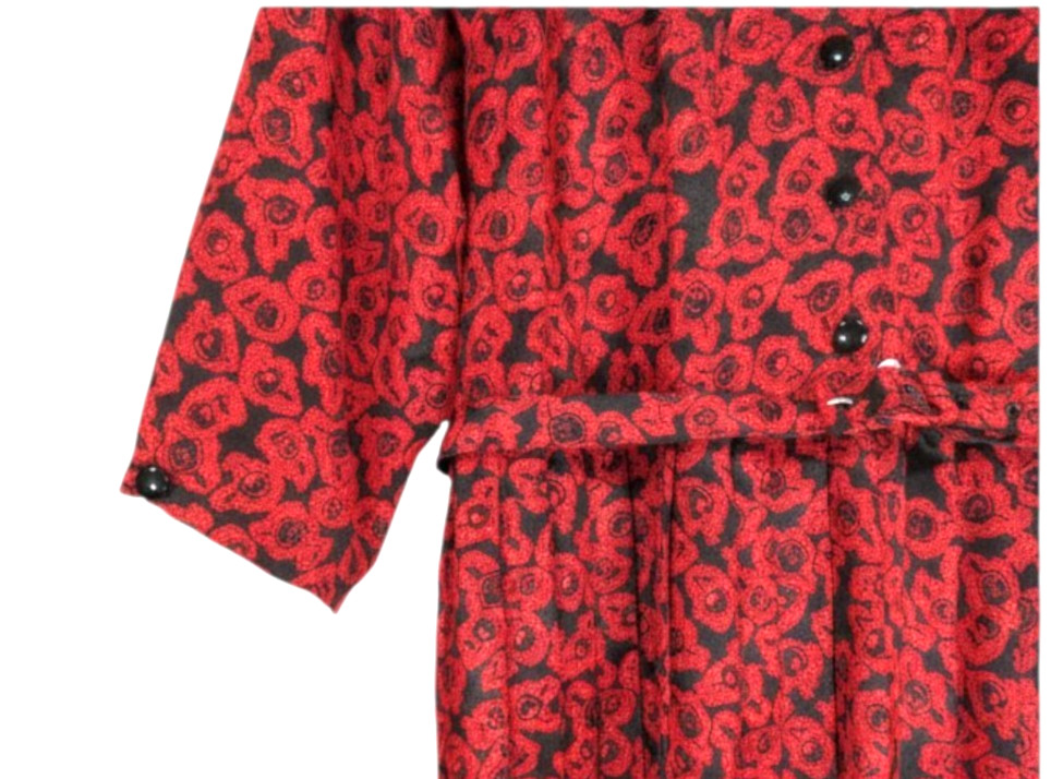 VTG WINNING TICKET Black w/RED ROSES Satin 1/4-BUTTON Belt BLOUSON DRESS Sz 14