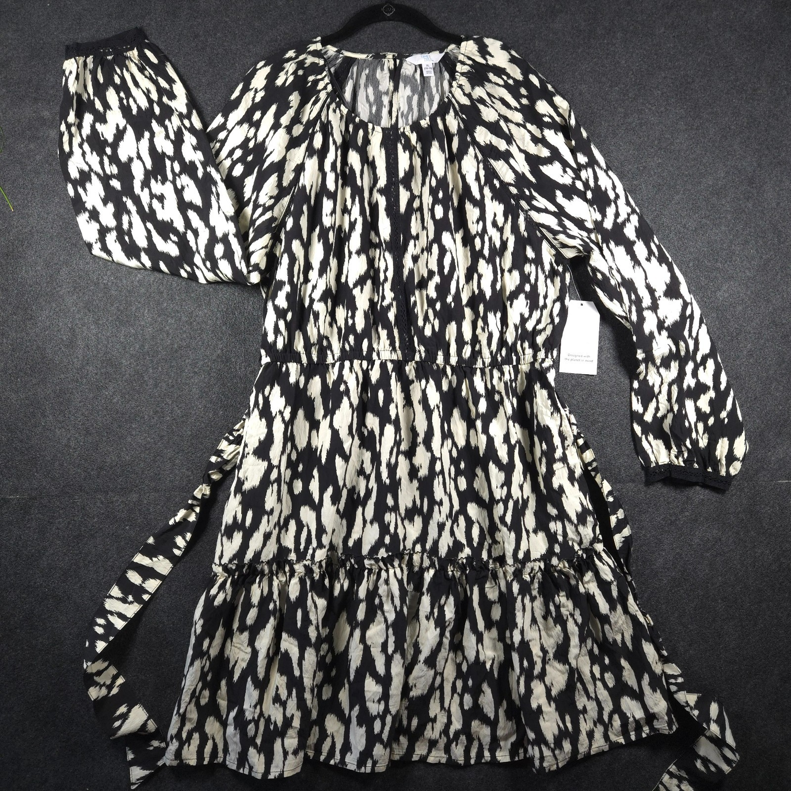 NWT Time and Tru Sundress Size XL Black White Peasant Lagenlook Tiered Belt