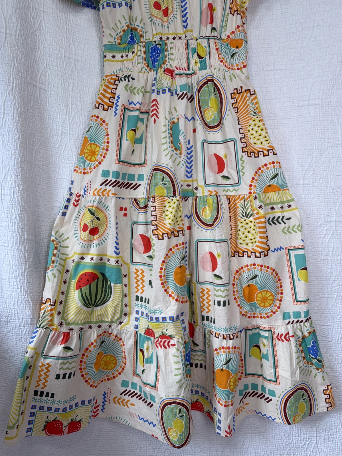 Easel Fruit Print Cotton Tiered Midi Dress Small Short Sleeve Garden Cottagecore