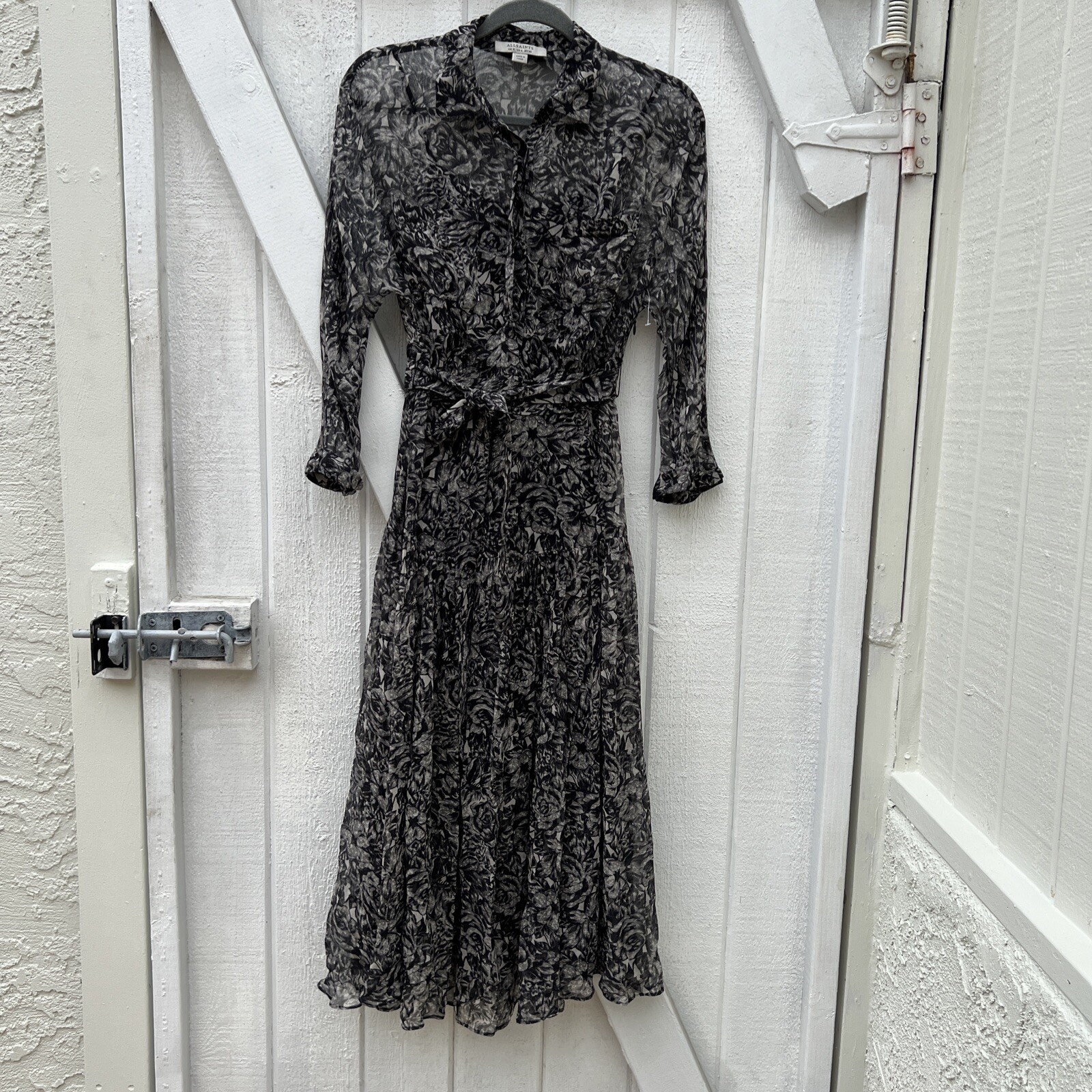 New $290 All Saints Eley Rosey Black Grey Midi Floral Women’s US 4 Viscose D9