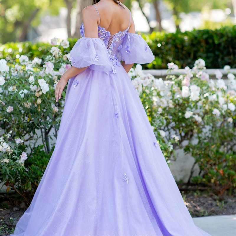 Lavender Off Shoulder Puff Sleeve 3D Floral Tulle Prom Evening Wedding Ball Gown