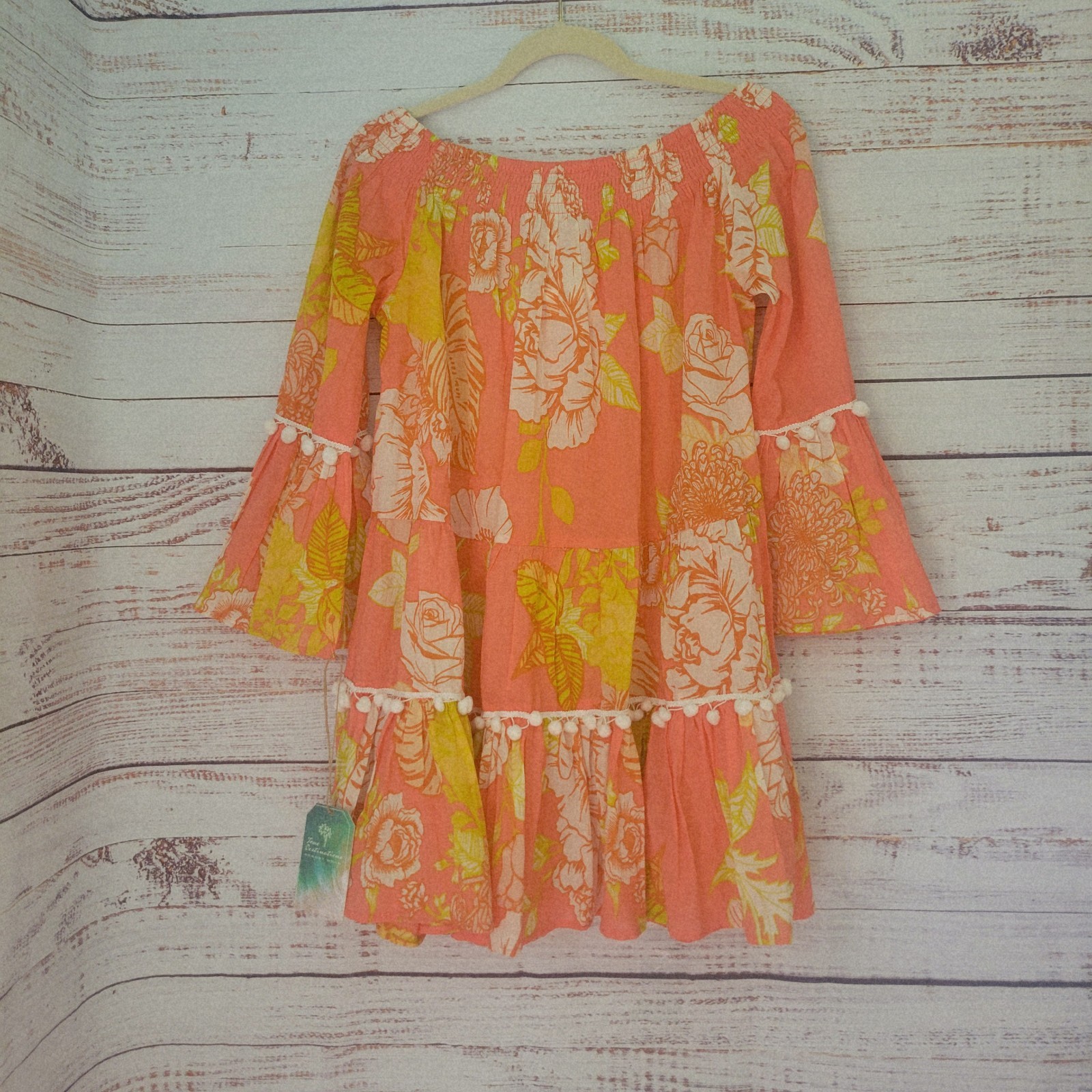 NWT True Destinations Resort Wear Tiered Floral Mini Dress L Boho PomPom