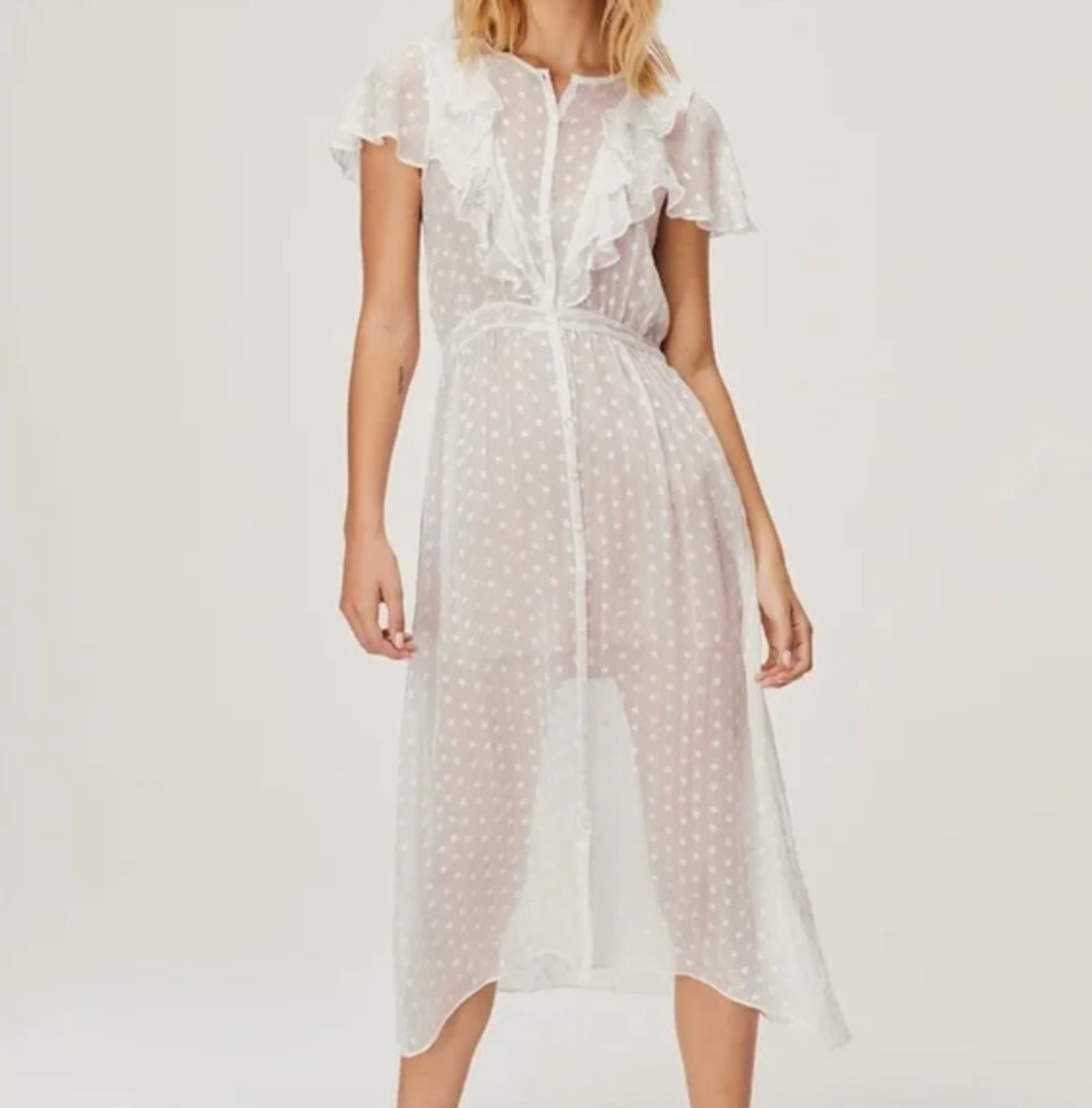 FOR LOVE AND LEMONS Firecracker Button Ruffle Midi Dress Cream Sheer Star S New
