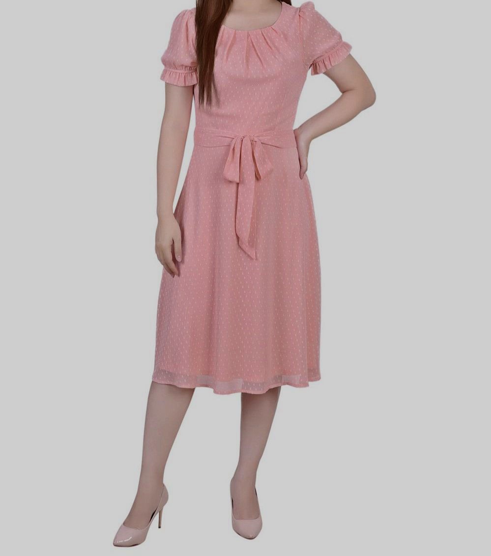 NY Collection Women’s Pink Short Sleeve Belted Lined Swiss Dot Dress Size XL
