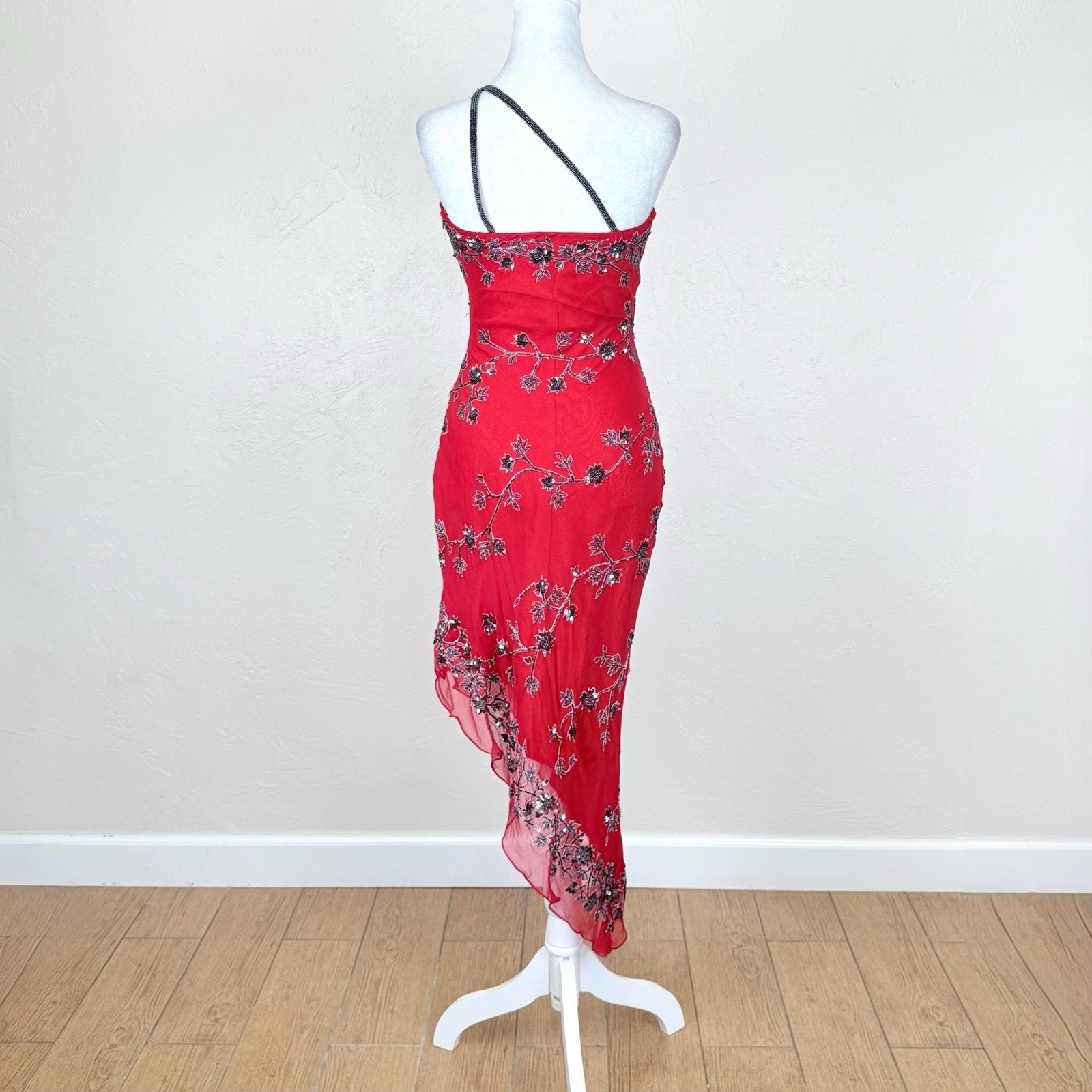 NWT Vintage Scala 1990s Red Silk One Shoulder Beaded Asymmetrical Midi Dress S