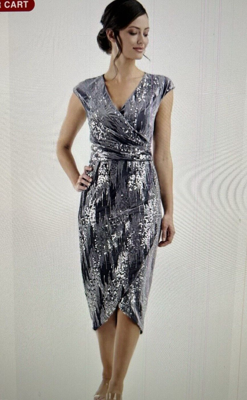 JS Collections June Sequin Velvet Faux Wrap Cocktail Dress in Gray/Silver Sz 16