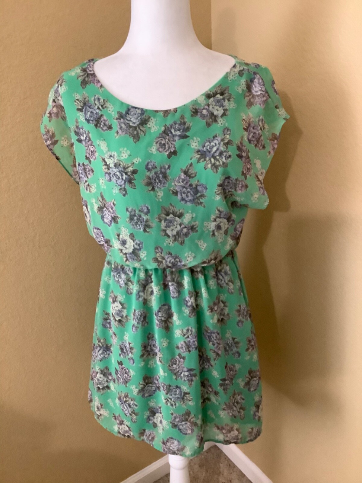 LUSH Floral Flow Sheer Fully Lined Green Floral Dress Sz Medium