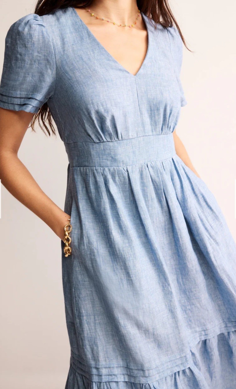 Blue Linen Ruffle Sleeve A-Line Long Dress V Neck Elastic Waist US 6R