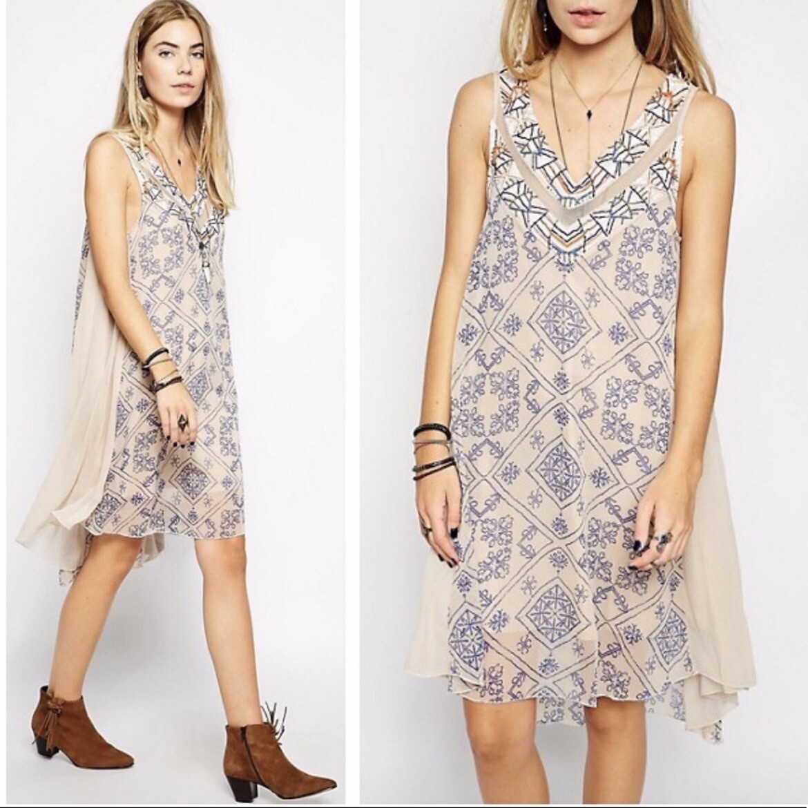 Free People Ancient Mystery Beaded Cream Beige Patterned Short Dress Size XS